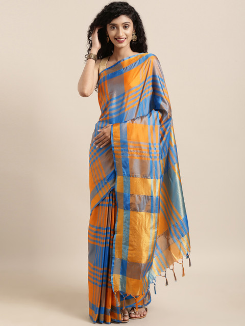 

KALINI Orange & Blue Art Silk Checked Saree
