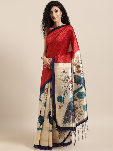 

KALINI Red & Beige Art Silk Printed Mysore Silk Half & Half Saree