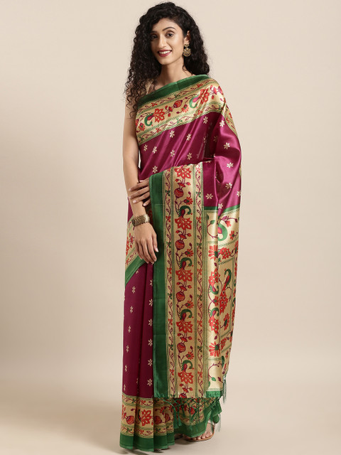 

GoSriKi Magenta Pink & Beige Art Silk Printed Saree