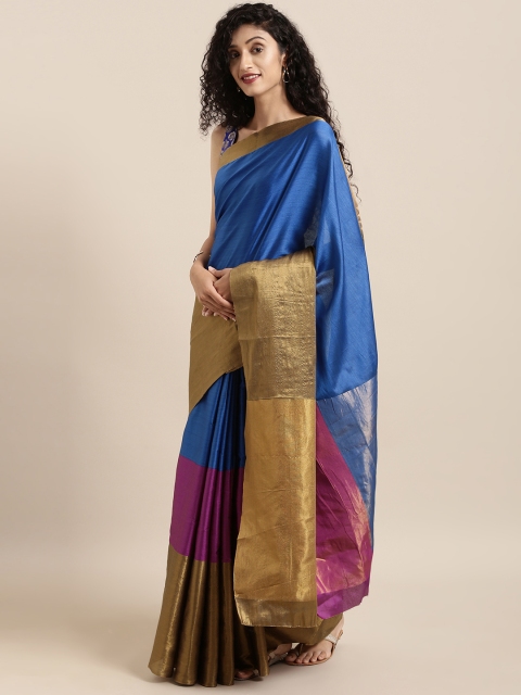 

GoSriKi Blue & Pink Art Silk Colourblocked Tussar Saree