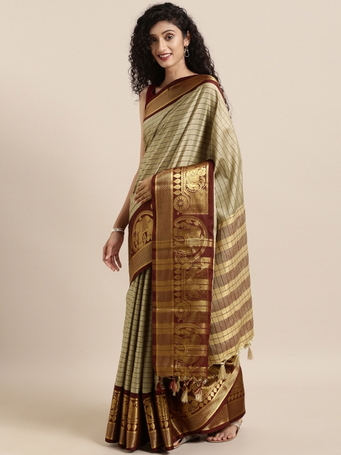 

KALINI Beige & Maroon Silk Blend Checked Banarasi Saree