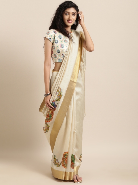 

GoSriKi Off-White Silk Cotton Printed Kasavu Saree