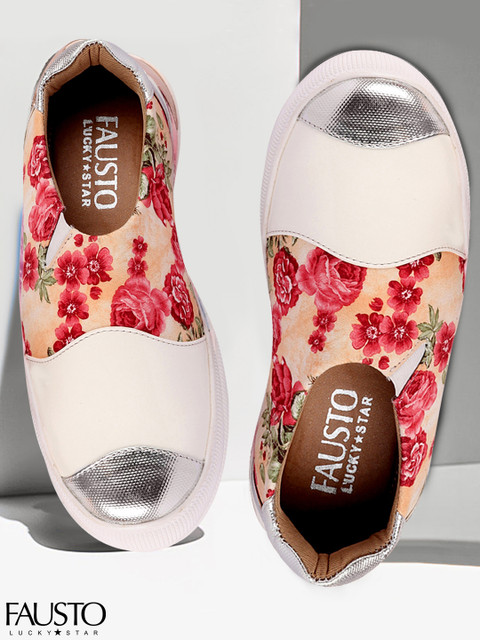 

FAUSTO Women White & Beige Floral Print Lightweight Slip-On Sneakers