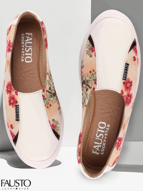 

FAUSTO Women White & Yellow Floral Print Lightweight Slip-On Sneakers