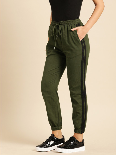

Ms.Taken Women Olive Green Regular Fit Solid Joggers With Side Stripes