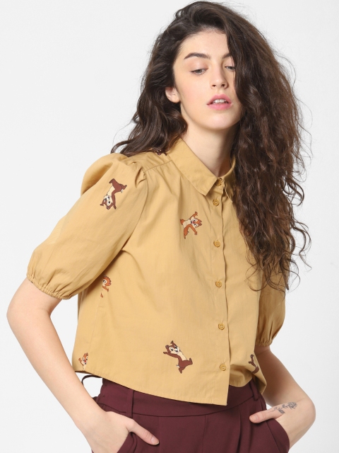 

ONLY Women Khaki Slim Fit Printed Casual Cropped Shirt