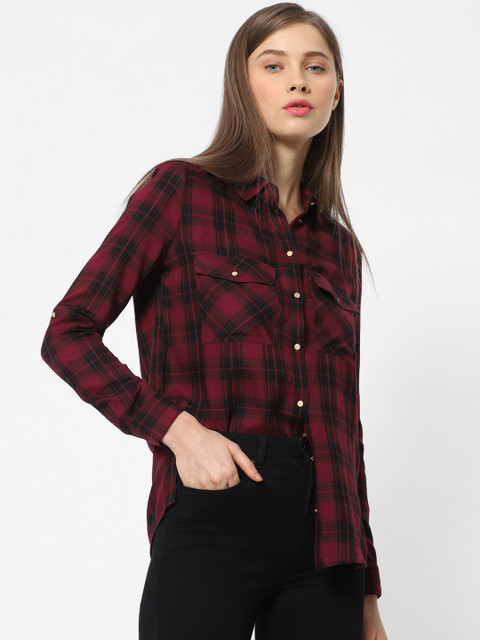

ONLY Women Red & Black Regular Fit Checked Casual Shirt