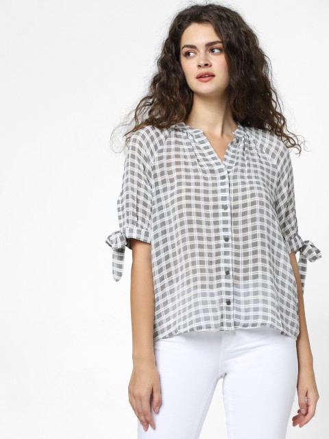 

ONLY Women White & Grey Regular Fit Checked Casual Shirt