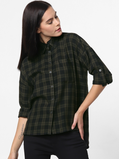 

ONLY Women Black & Olive Green Regular Fit Checked Casual Shirt