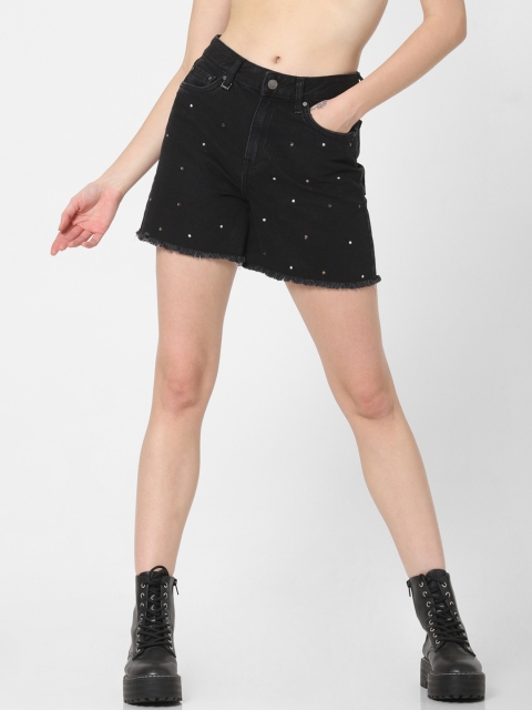 

ONLY Women Black Embellished Skinny Fit Denim Shorts
