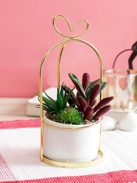 

PolliNation Green Red Artificial Succulent Plant With Metal Stand and Ceramic Pot