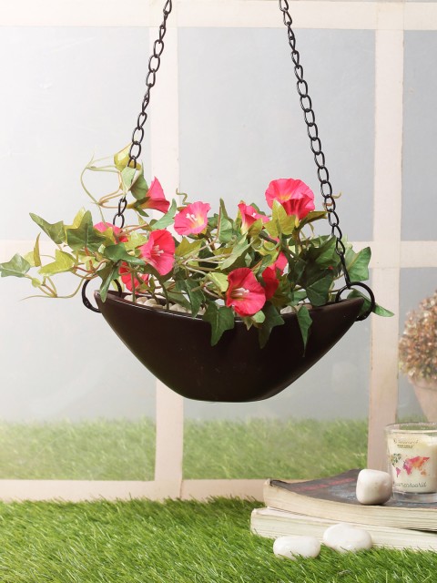 

PolliNation Pink Artificial Morning Glory Plant With Brown Hanging Ceramic Pot, Red