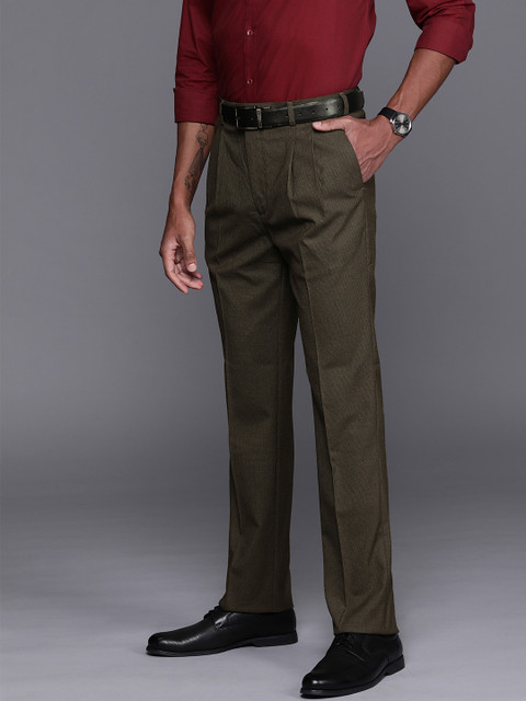 

Raymond Men Brown & Black Classic Fit Self Design Double Pleated Formal Trousers