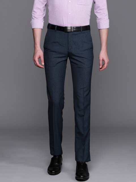 

Raymond Men Navy Blue & Black Slim Fit Checked Formal Trousers