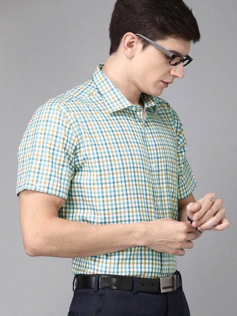 

Park Avenue Men White & Teal Green Regular Fit Checked Formal Shirt