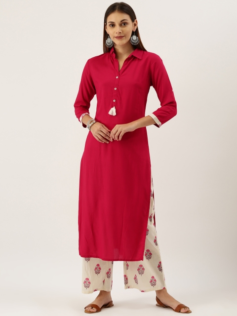 

IMARA Women Magenta Pink & Off-White Solid Kurta with Palazzos