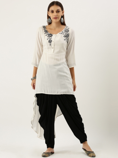 

IMARA Women Off-White & Black Solid Placement Embroidery Kurta with Dhoti Pants