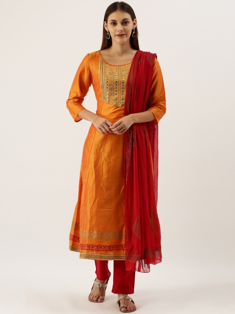 

IMARA Women Mustard Yellow & Red Yoke Design Kurta with Pyjamas & Dupatta