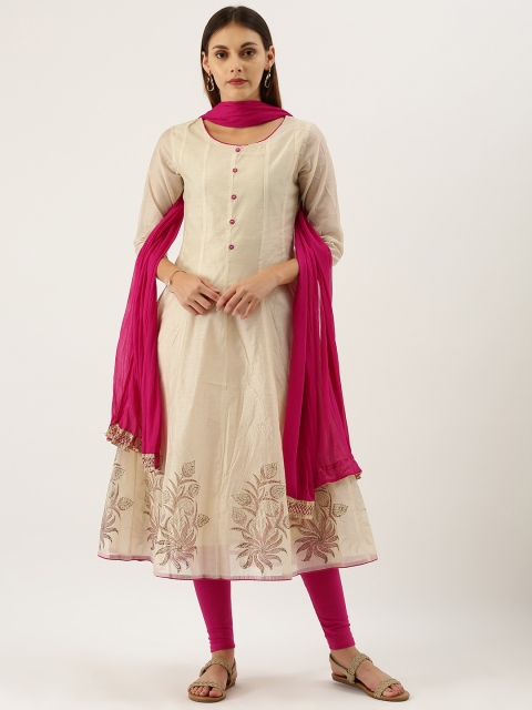 

IMARA Women Off-White & Pink Printed Panelled Kurta with Leggings & Dupatta