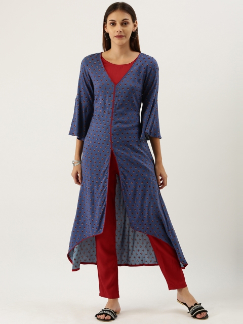 

IMARA Women Navy Blue & Red Printed Kurta with Pyjamas