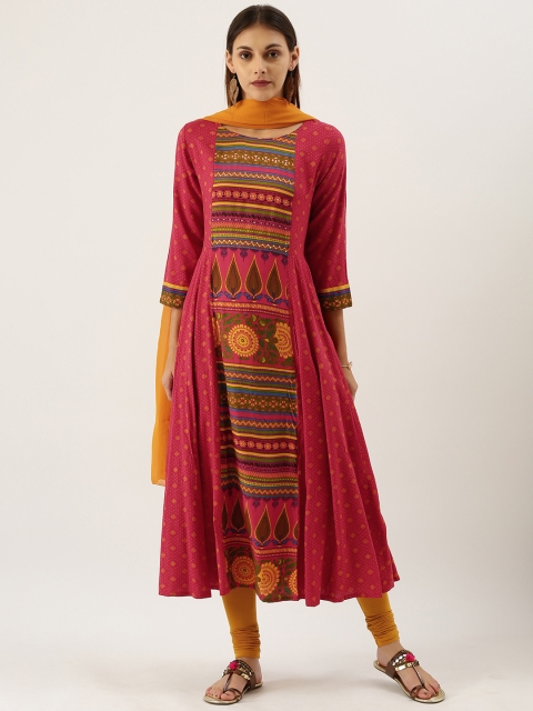 

IMARA Women Pink & Mustard Yellow Printed Kurta with Churidar & Dupatta