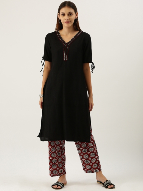 

IMARA Women Black & Brown Solid Kurta with Printed Trousers