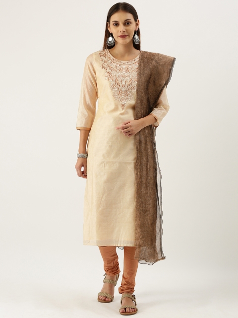 

IMARA Women Off-White & Beige Embroidered Kurta with Churidar & Dupatta