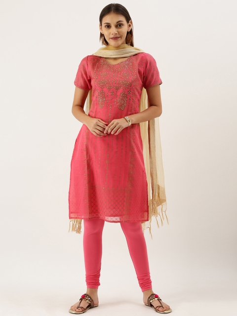 

IMARA Women Pink & Gold-Toned Printed Kurta with Churidar & Dupatta