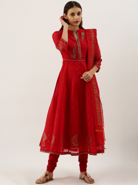 

IMARA Women Red & Gold-Toned Printed Kurta with Churidar & Dupatta