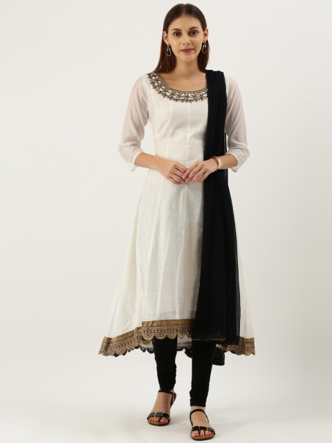 

IMARA Women Off-White & Black Solid Kurta with Churidar & Dupatta