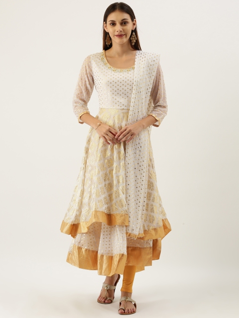 

IMARA Women White & Gold-Toned Printed Kurta with Churidar & Dupatta