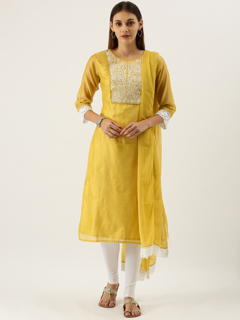 

IMARA Women Mustard & White Yoke Design Kurta with Churidar & Dupatta
