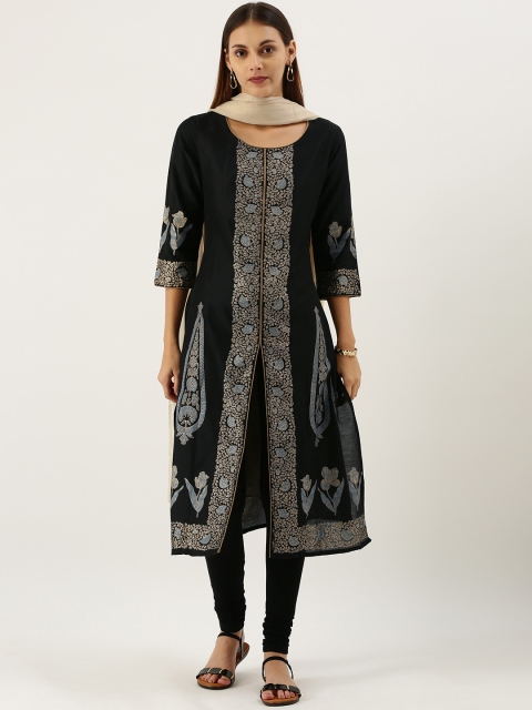 

IMARA Women Black & Cream-Coloured Printed Kurta with Churidar & Dupatta