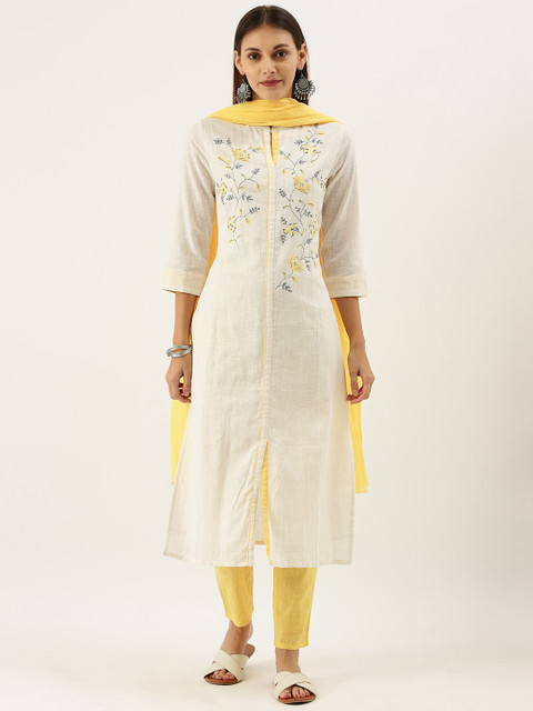 

IMARA Women Off-White & Yellow Embroidered Kurta with Pyjamas & Dupatta