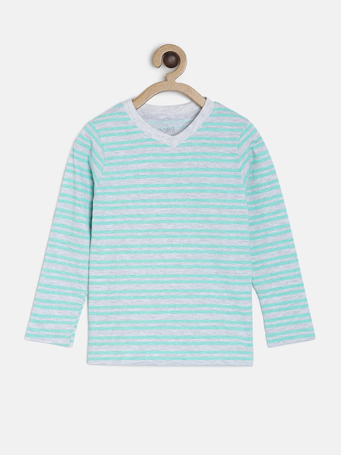 

Aomi Boys Grey Melange & Turquoise Blue Striped V-Neck T-shirt
