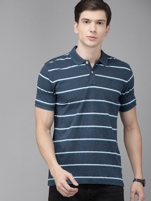 

Park Avenue Men Blue White Slim Fit Striped Polo Collar Pure Cotton T-shirt