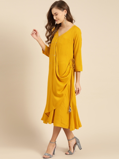 

IMARA Women Mustard Yellow Solid Tana Bana Wrap Dress