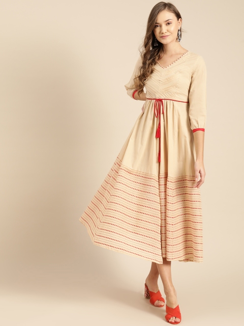 

IMARA Women Beige & Red Embroidered A-Line Dress