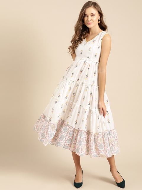 

IMARA Women White & Red Printed Tiered A-Line Dress