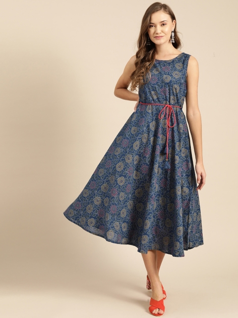 

IMARA Women Navy Blue & Yellow Printed A-Line Dress