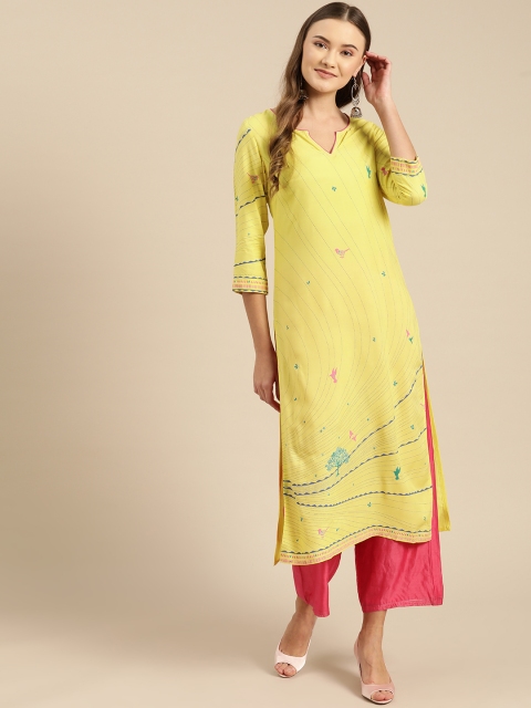 

IMARA Women Yellow & Blue Bird Print Straight Kurta