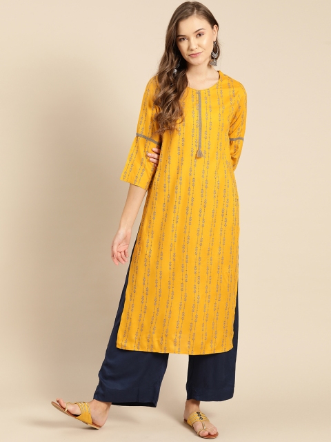 

IMARA Women Mustard Yellow & Navy Blue Tana Bana Print Straight Kurta