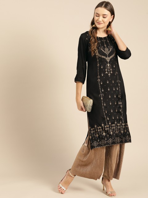 

IMARA Women Black & Golden Block Printed Straight Kurta