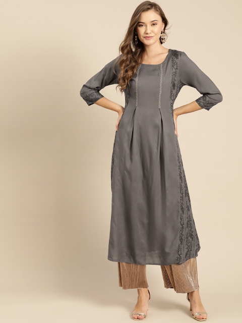 

IMARA Women Charcoal Grey & Black Tana Bana Print A-Line Kurta