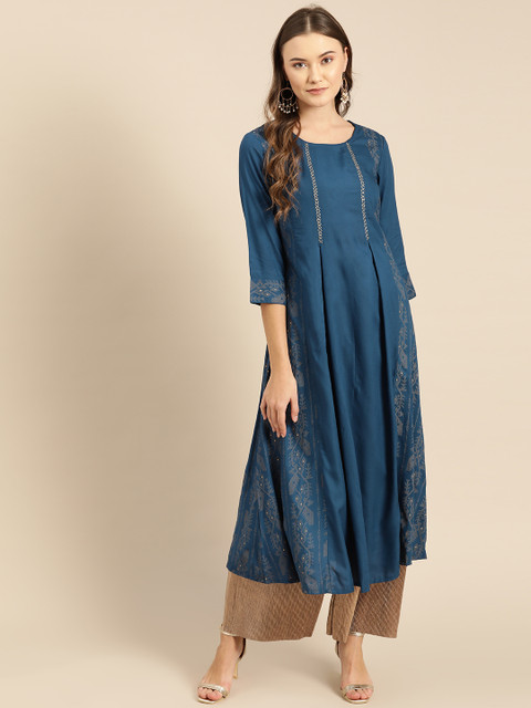 

IMARA Women Navy Blue & Grey Printed A-Line Kurta