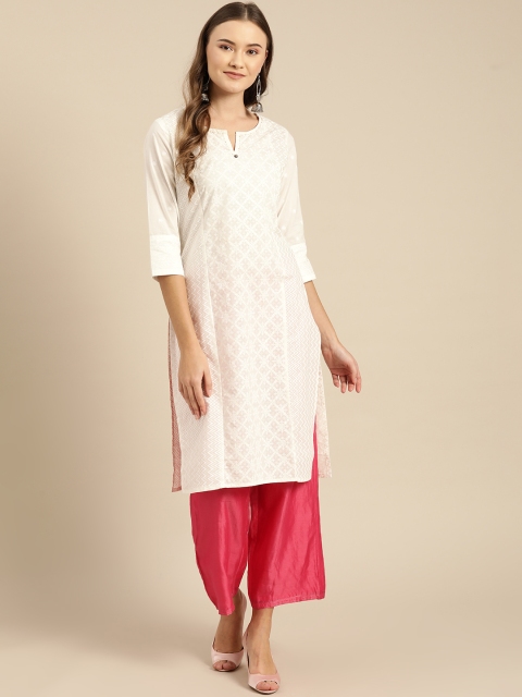 

IMARA Women White & Silver Printed Straight Kurta