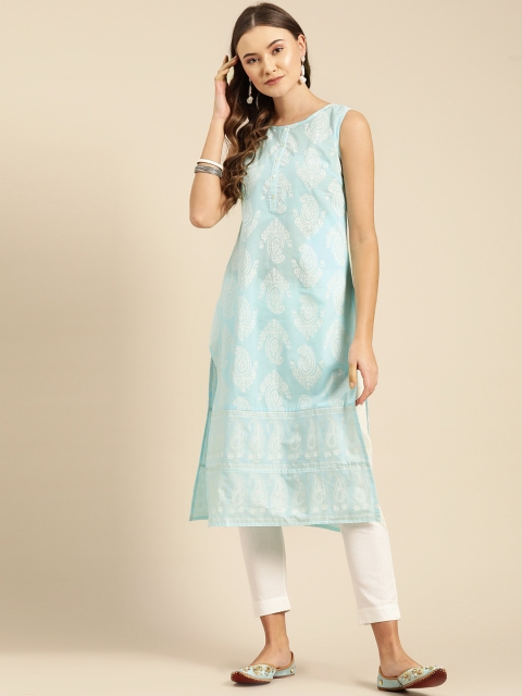 

IMARA Women Blue & White Printed Straight Kurta