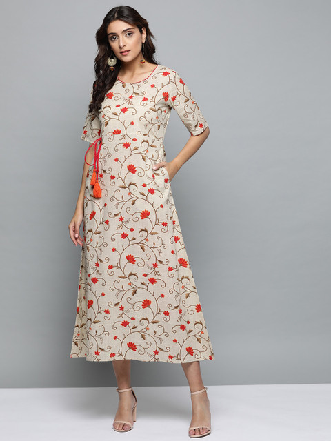 

AASI - HOUSE OF NAYO Women Beige & Red Printed A-Line Dress