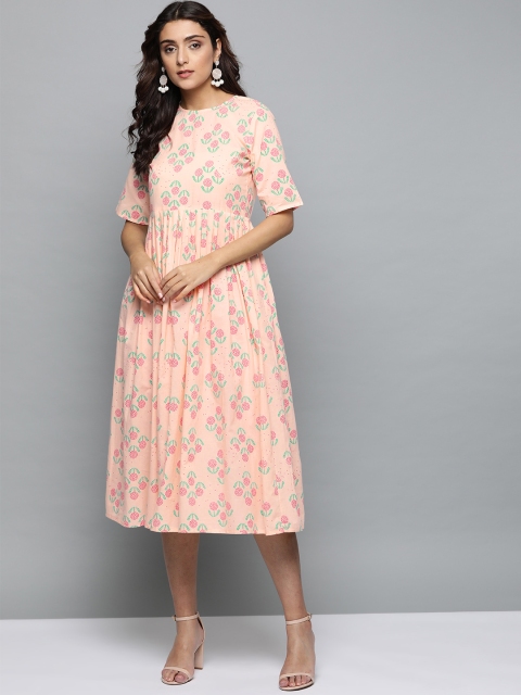 

AASI - HOUSE OF NAYO Women Pink & Green Printed A-Line Dress