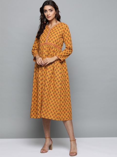 

AASI - HOUSE OF NAYO Women Mustard Yellow & Red Printed A-Line Dress